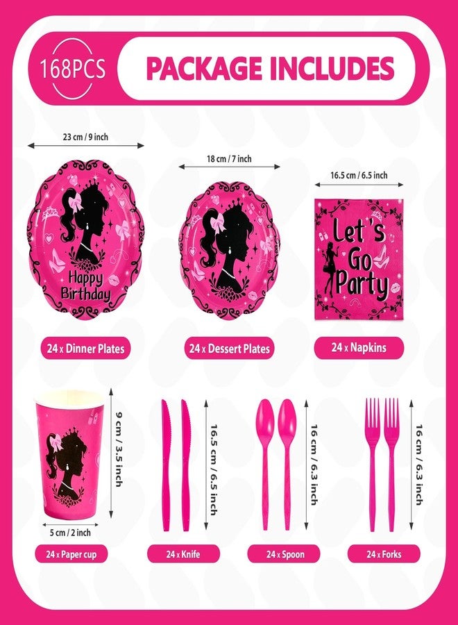 Greencian 168Pcs Hot Pink Birthday Party Supplies Set Black Fashion Girl Plates and Napkins Cute Princess Decorations Tableware Set for Birthday Disco Party Supplies，Serves 24 - Image 2